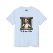 Load image into Gallery viewer, Silly Duck Behind Bars T-Shirt — "Got Too Silly" Funny Graphic Tee
